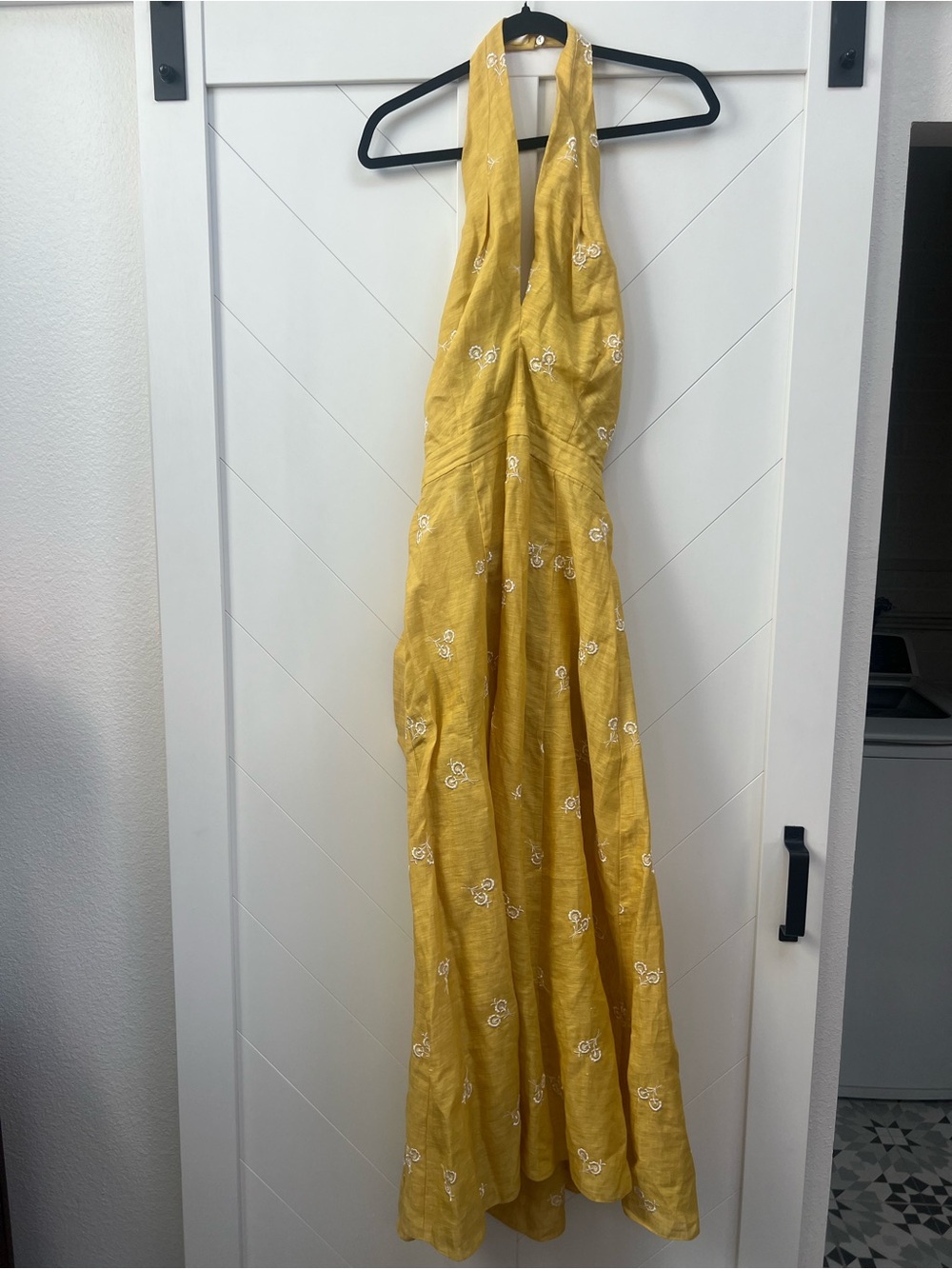 ERDEM Golden Yellow Halter Maxi Dress with White Embroidery